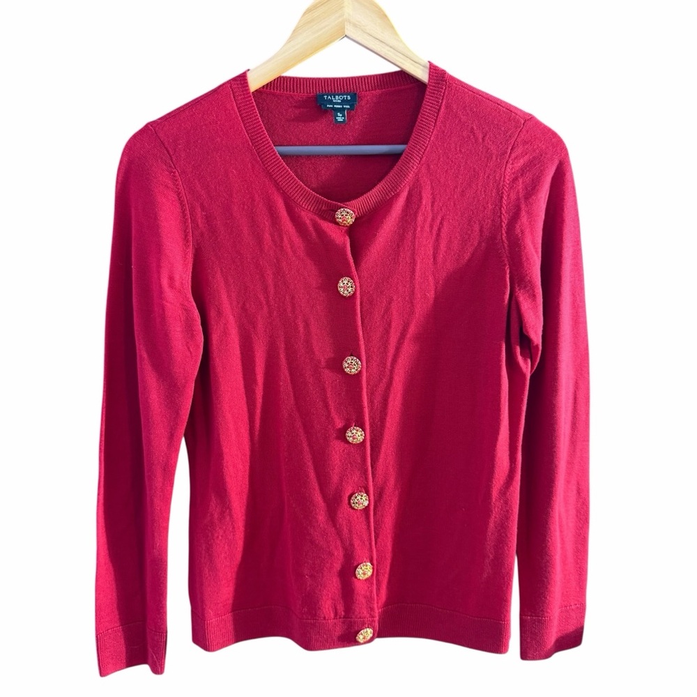 Talbots Red Merino Wool Cardigan with Decorative Buttons Small Petite - Picture 4 of 9